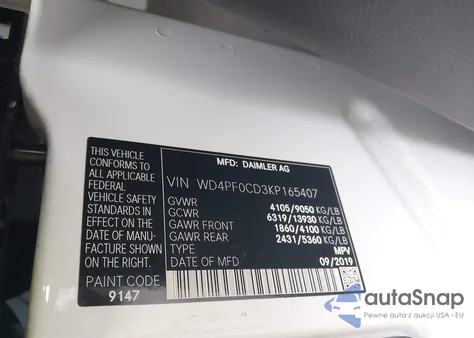 2019 Mercedes-Benz Sprinter 2500 Standard Roof V6 z USA, uszkodzony, nr VIN WD4PF0CD3KP165407